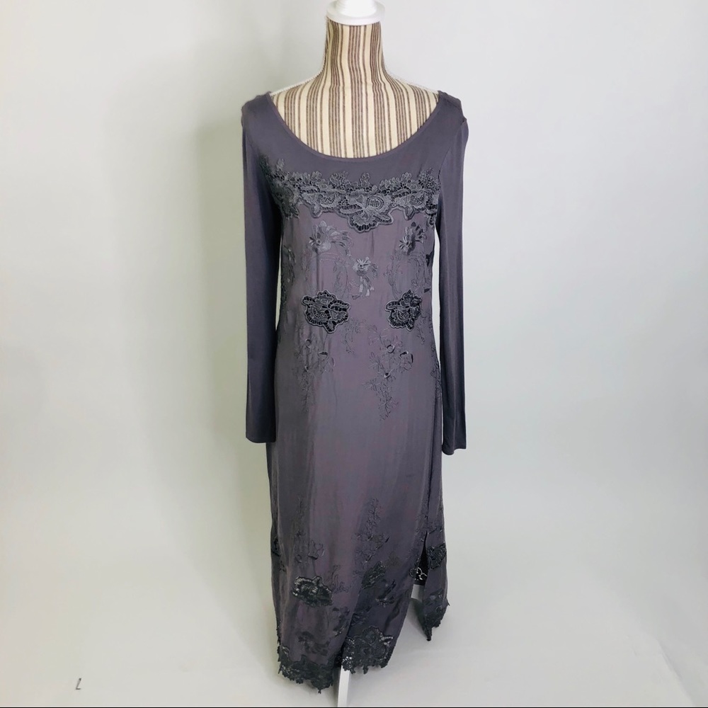 Sundance Floral Lace Side Slit Gray Midi Dress